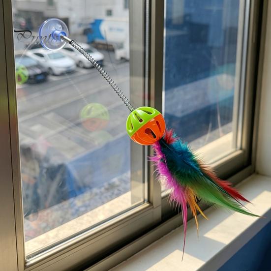 Cat Bell Ball Funny Stick with Suction Cup, Spring Rod Interactive Feather Toy Attention Grabber Bell, Colorful Teaser for Indoor Cats And Kittens