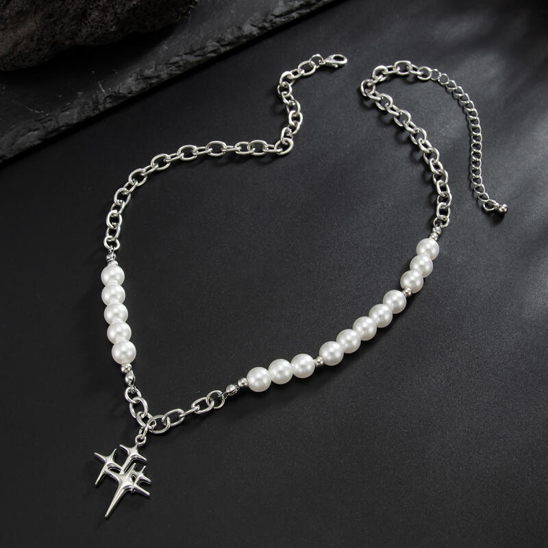 Hiphop Rock Four-Pointed Star Pendant Necklaces for Men Women Imitation Pearls Beaded Collarbone Necklaces Jewelry Accessories