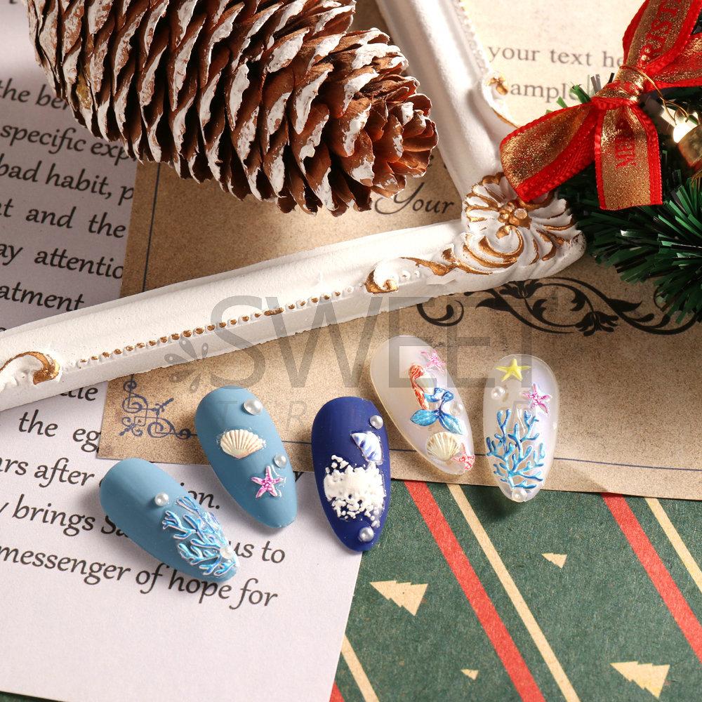 5D reliéfní vánoční samolepky na nehty obtisky sněhové vločky jelení zvonky mušle hvězdice zimní dekorace na nehty