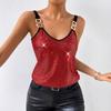 Top Cami da Donna Scollo a V in Rete con Paillettes e Cinturino con Fibbia Metallica per Festa Nightclub Blusa Senza Maniche Monocolore