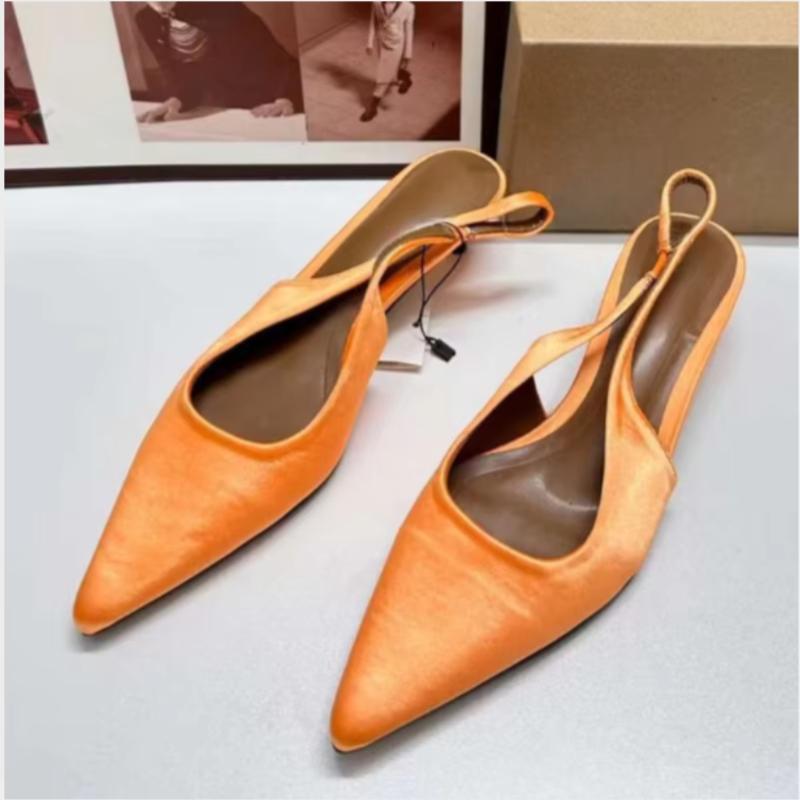 Moda Punta Appuntita Sandali Estivi da Donna con Tacco Alto Marca Eleganti Slingback in Seta Cinturino Posteriore Décolleté Scarpe Mules da Festa per Signore