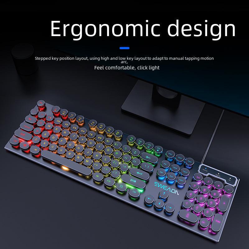 "Retro Punk Keyboard and Mouse Set with Mechanical Feel and Round Keys for Wired Desktop Computers"