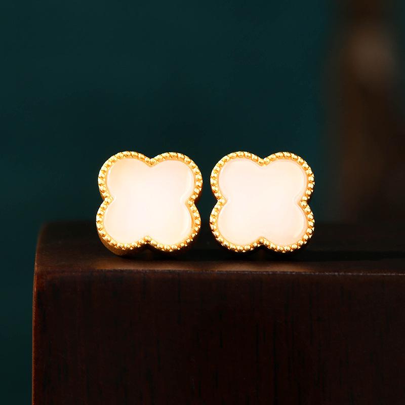 Douyin Style 925 Silver Four-Leaf Clover Jade Stud Earrings - Perfect 520 Holiday Gift for Girlfriend