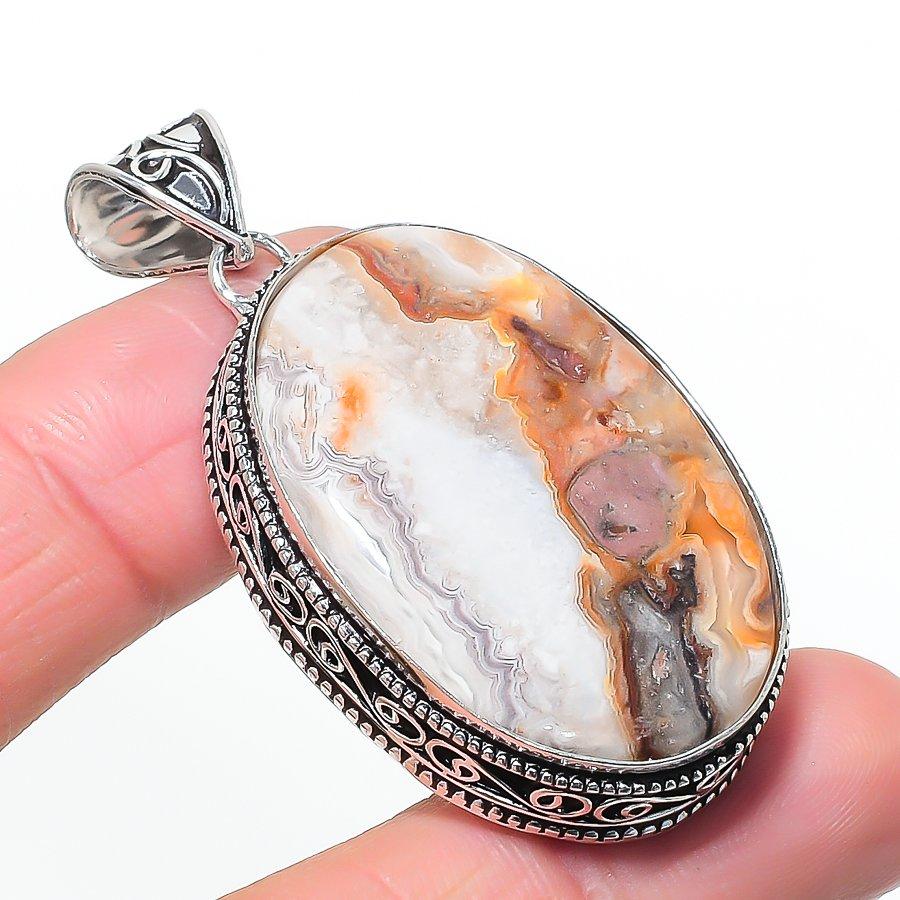 Natural Laguna Lace Agate 925 Sterling Silver Jewelry Pendant 2.25 AP-14610