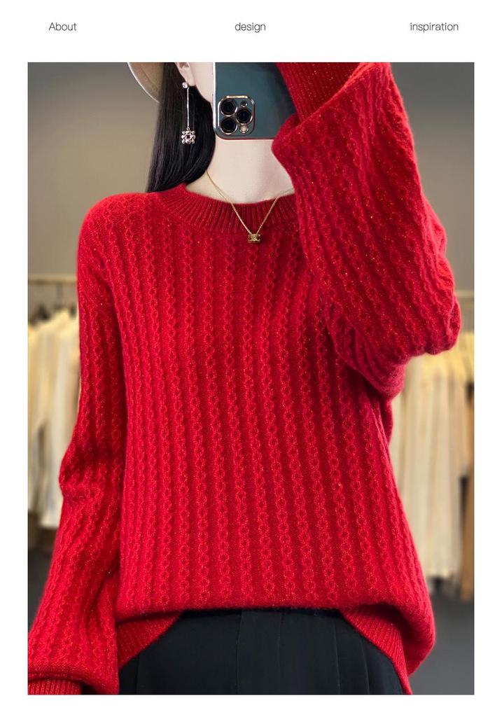 2024 A/W Women's Thick Wool Knit Sweater - Round Neck, Long Sleeve, Bright Silk, Loose Fit