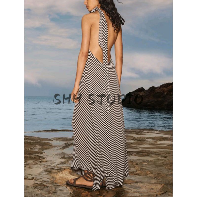 Summer New Product Women's Clothes Bowknot Decoration Elegant Stripes Hanging Collar Open Back Long A- line Dress 3828717