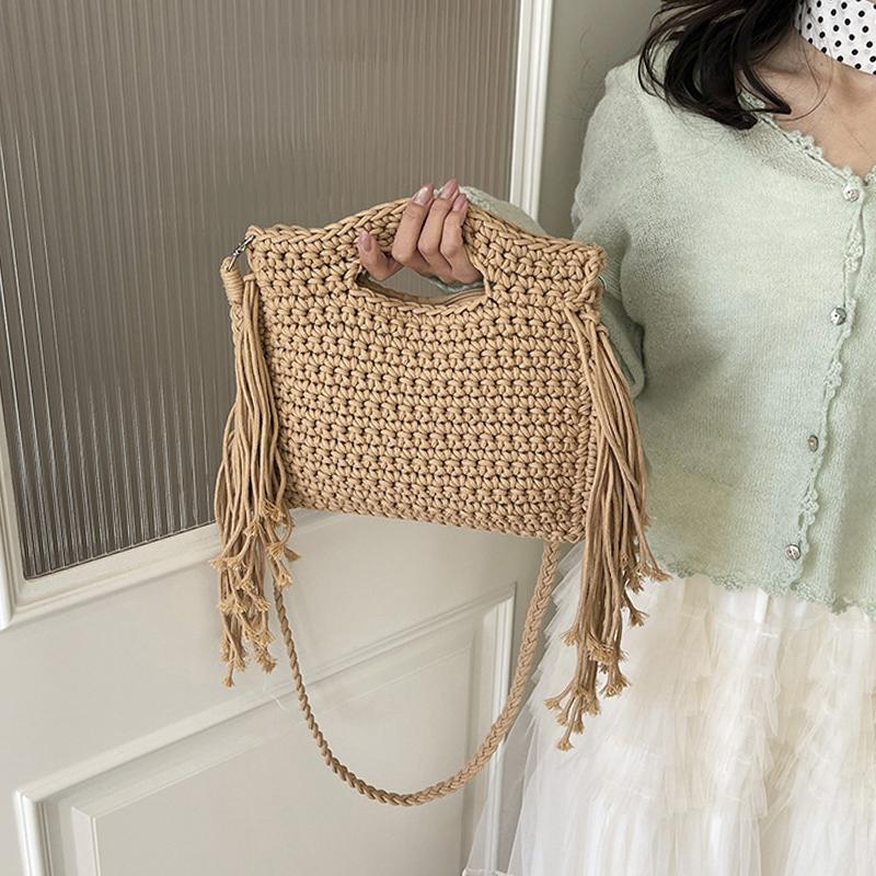 Yogodlns Knitted Tassel Bag New Summer Vacation Style Single Shoulder Diagonal Cross Woven Bag Fashionable Simple Women's Handbag