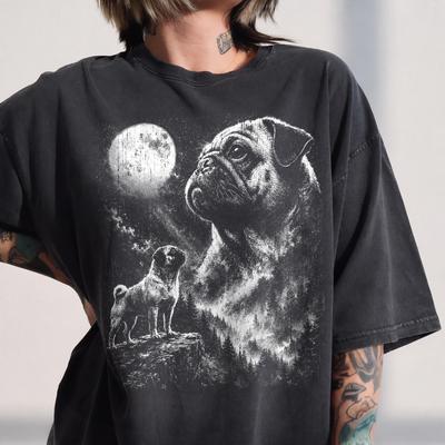 Retro Pug Howling Moon Shirt, Distressed Vintage Dog Tee, Pug Lover Apparel