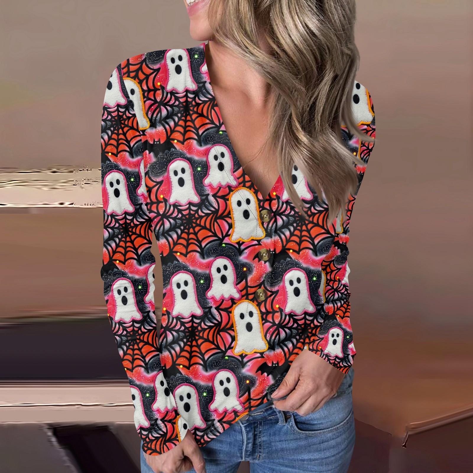 

Женский повседневный пуловер с V-образным вырезом и принтом на пуговицах на Хэллоуин XL