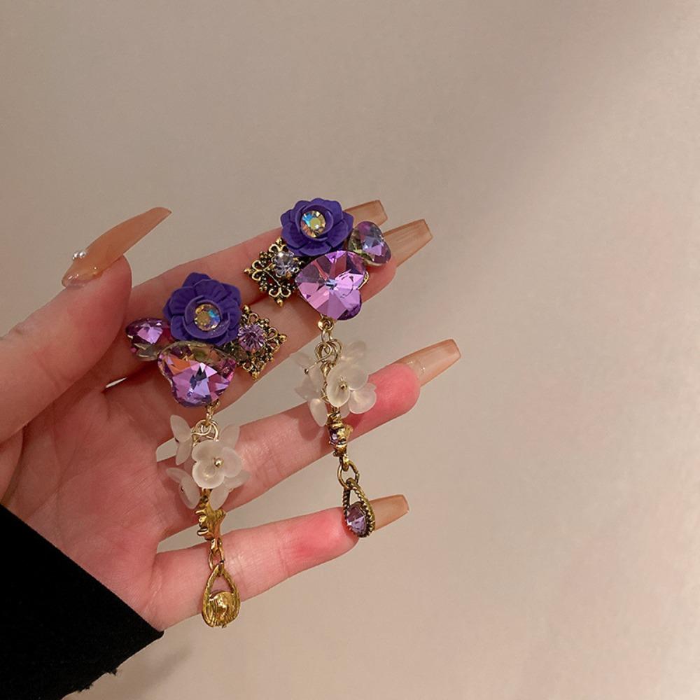 Silver Needle Diamond Pearl Purple Earrings French Retro Niche Design Earrings Light Luxury Premium Earrings