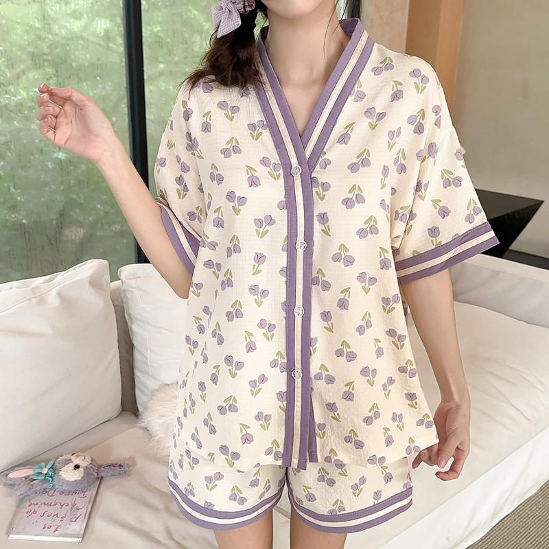Pajamas Women's Summer Bubble Cotton V-Neck Large Size Thin Short Sleeve Cute Small Flower Comfortable Crepe Girl Loungewear Set