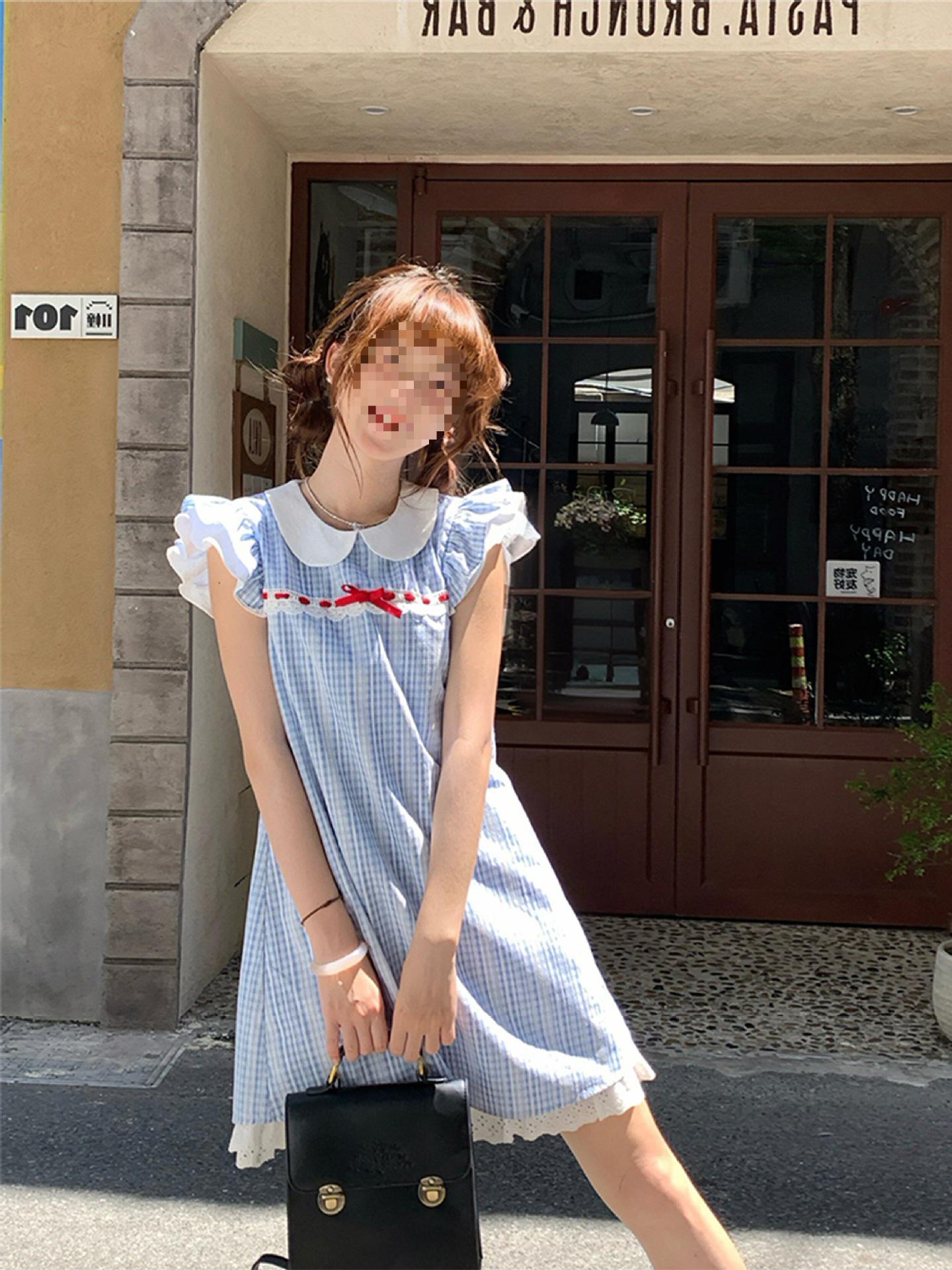 

Sinsingirl Summer Style Blue Plaid Puff Sleeve Coconut Milk Midi Dress S