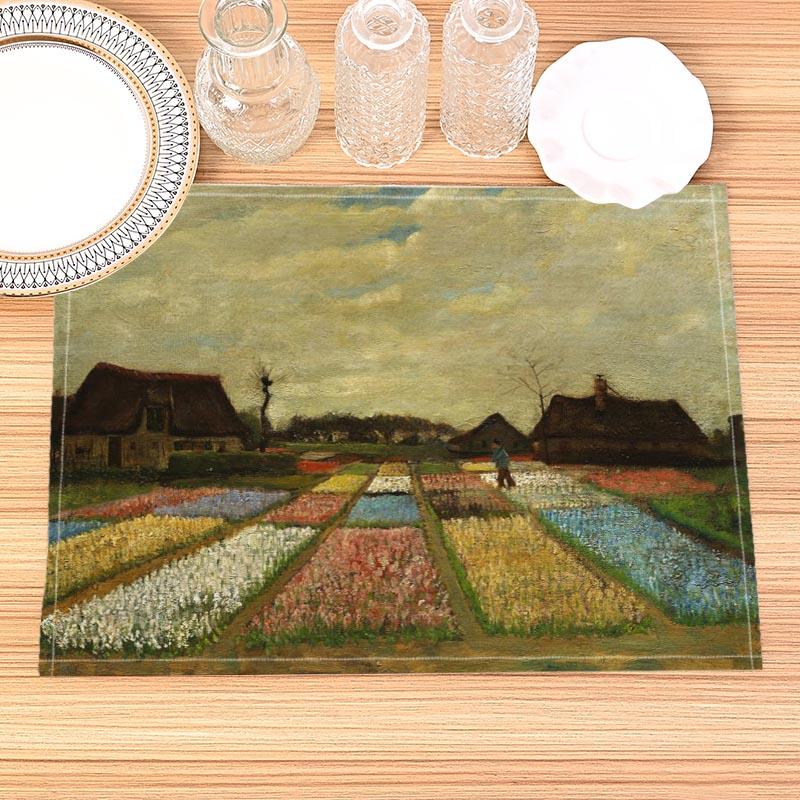 Van Gogh Painting Print Linen Dining Table Mats Kitchen Placemat 30X45cm Coasters Pads Bowl Cup Mat