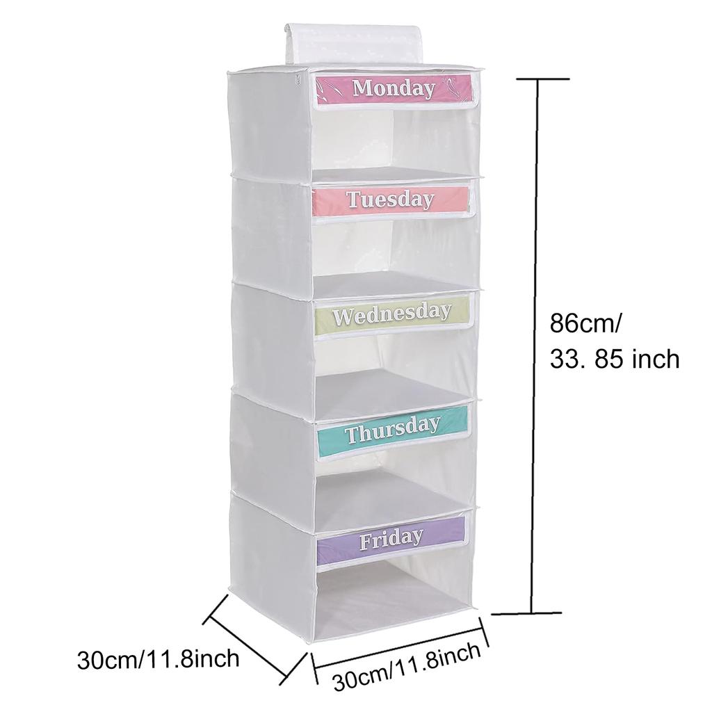 5-Shelf Hanging Closet Organizer with 5 Side Pockets Weekly Clothing Divider with Labeled Days Hanging Storage Shelves for Home