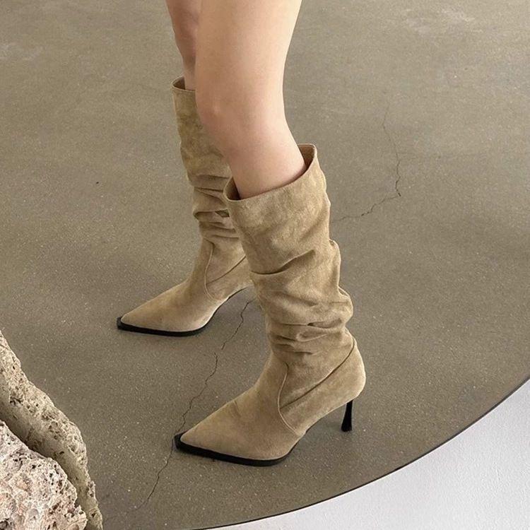 Suede pointed thin western knight boots women's boots 2025 autumn and winter new high-heeled stacked long cowboy boots