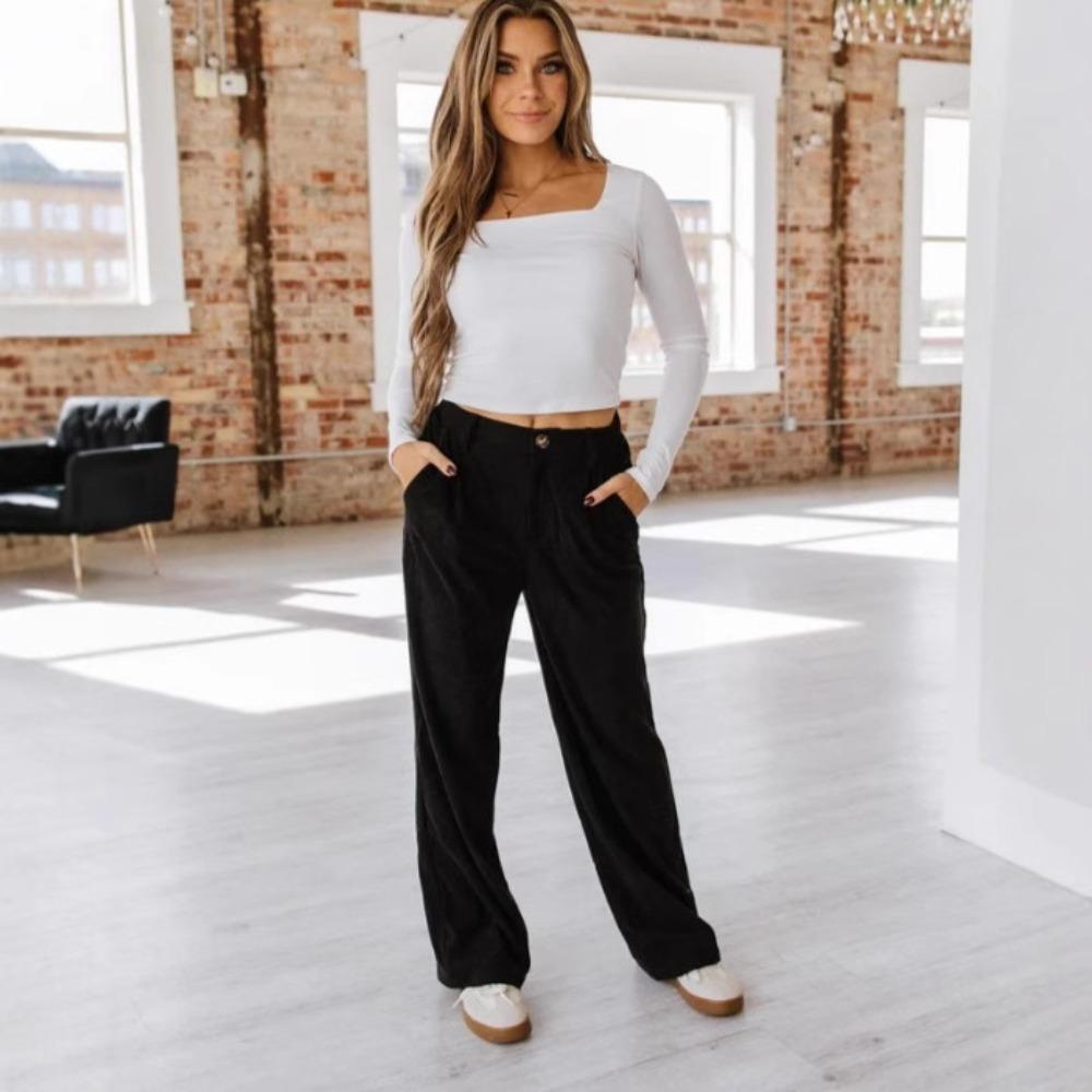 Pantalon casual large pour femme, taille haute, coupe ample, style vintage en velours côtelé