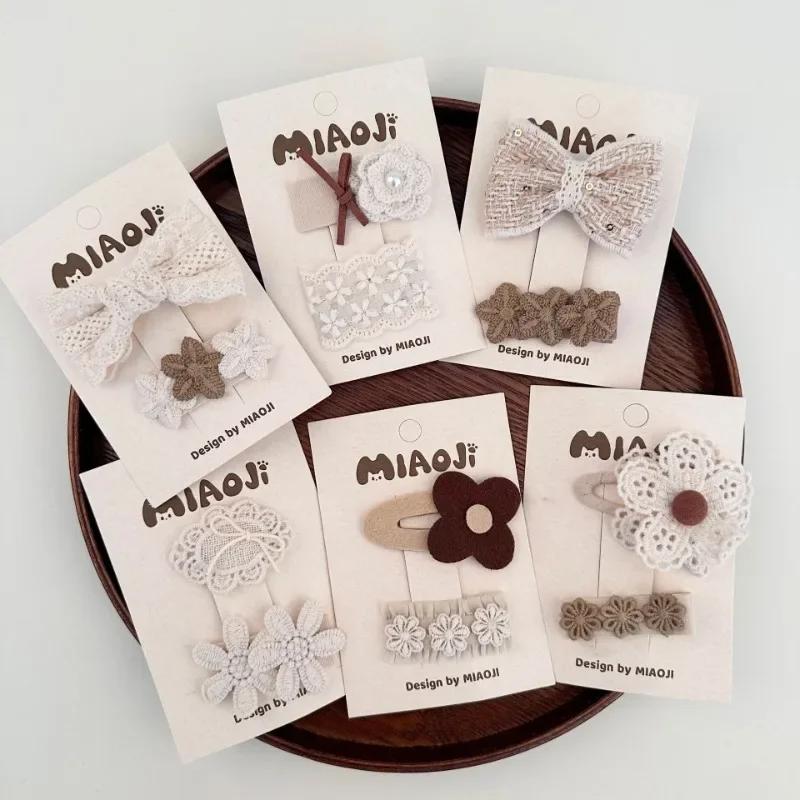 Lace Bow Press Clip Beige Coffee Color Bowknot Floral Hairpin Sweet Princess Baby Headwear Hair Clip
