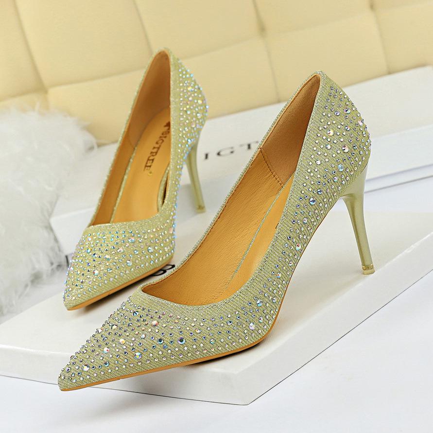 "9219-22 Korean Fashion Women's Sexy Stiletto Heels with Rhinestone Embellished Pointed Toe"