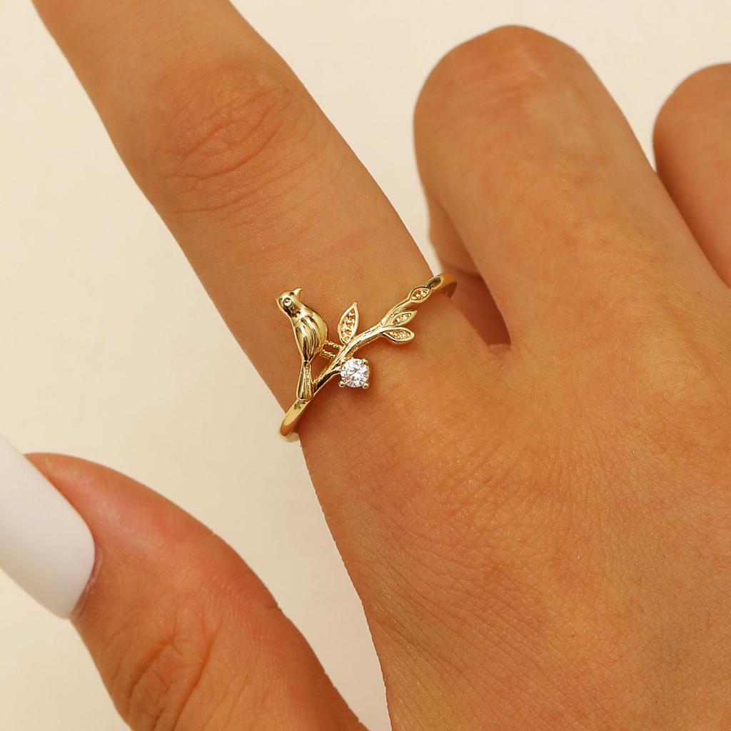 Hummingbird & Flower Open Ring Collection, Gold/Silver Tone Adjustable Gemstone Bird Rings for Women