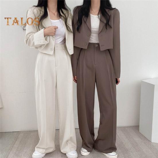 2 Teile/satz Frauen Mantel Hosen Set Revers Einreihige Strickjacke Langarm Jacke Breites Bein Hohe Taille Gerade Hose Dame Formale Pendler Outfit