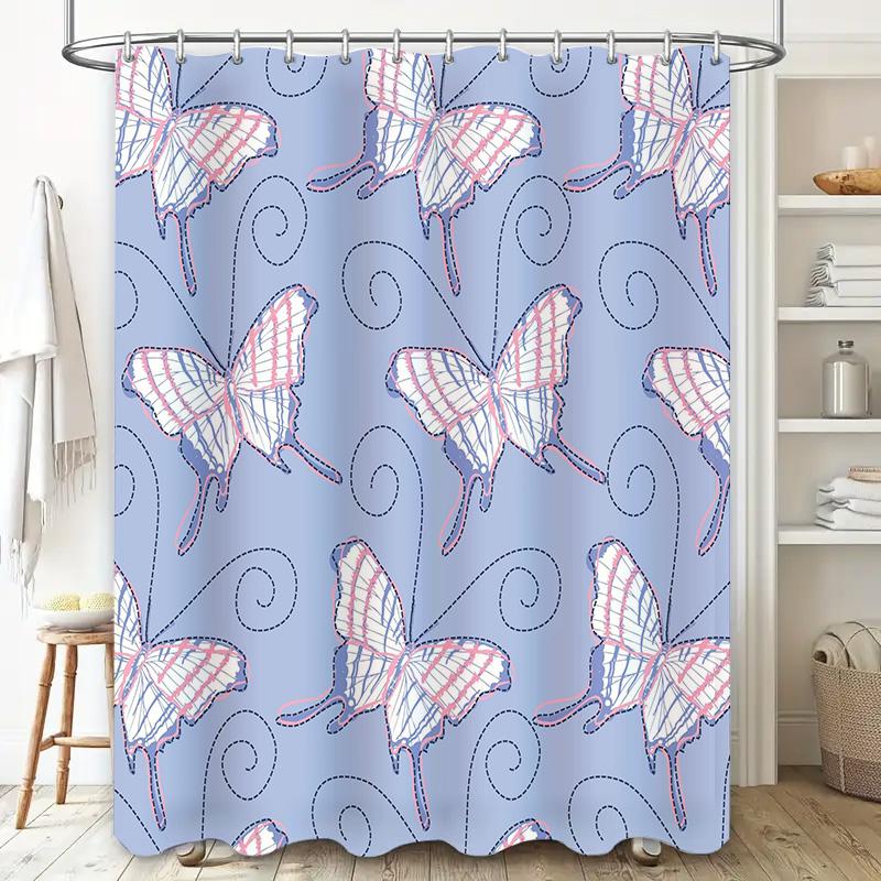 Blue Butterfly Shower Curtain with White Stripes Perfect for Bathroom Decor!