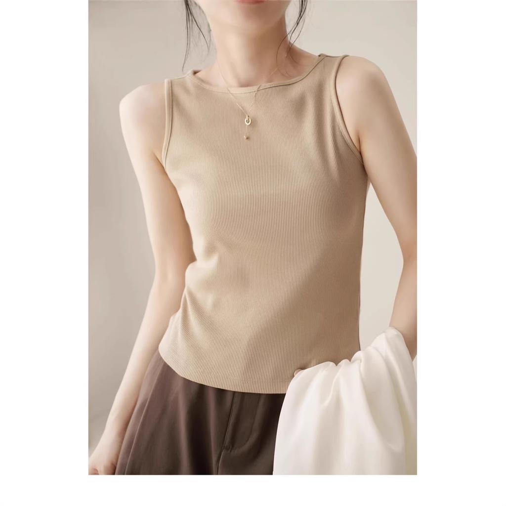 Summer new threaded versatile vest slim-fitting sleeveless tight top slimming one-word collar top trendy