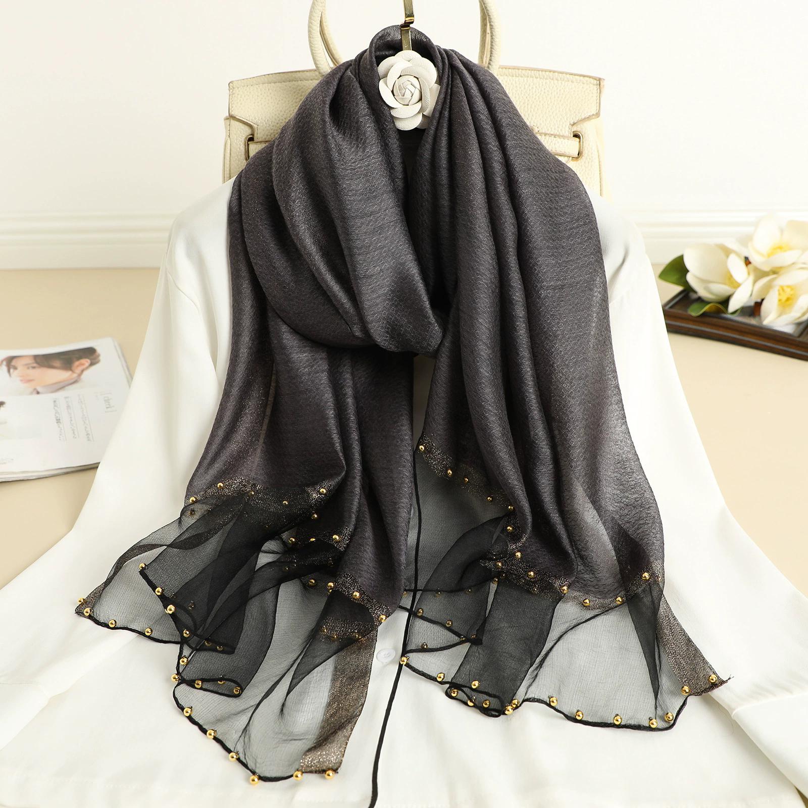 

New Beaded Silk-Wool Blend Scarf Solid Color Silk Scarf Fashion Shawl Tie-Dyed 70x180cm