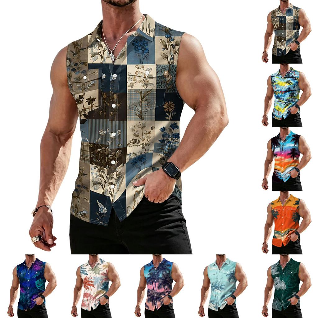Men's Workwear Lapel Button-Down Vest Shirt - Lightweight Sleeveless Top