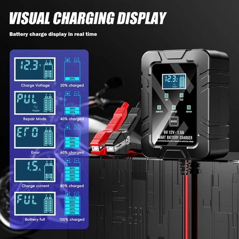 50-60Hz Automatic 6V 12V 1.5A Battery Maintainer Overload Protection Suitable for Car Motorcycles RVs with Fast Charging