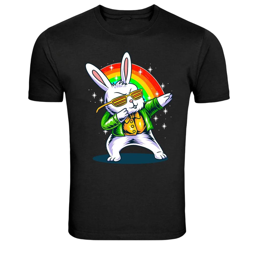 Dabbing Easter Bunny Rainbow Graphic T Shirt Funny Holiday Tee