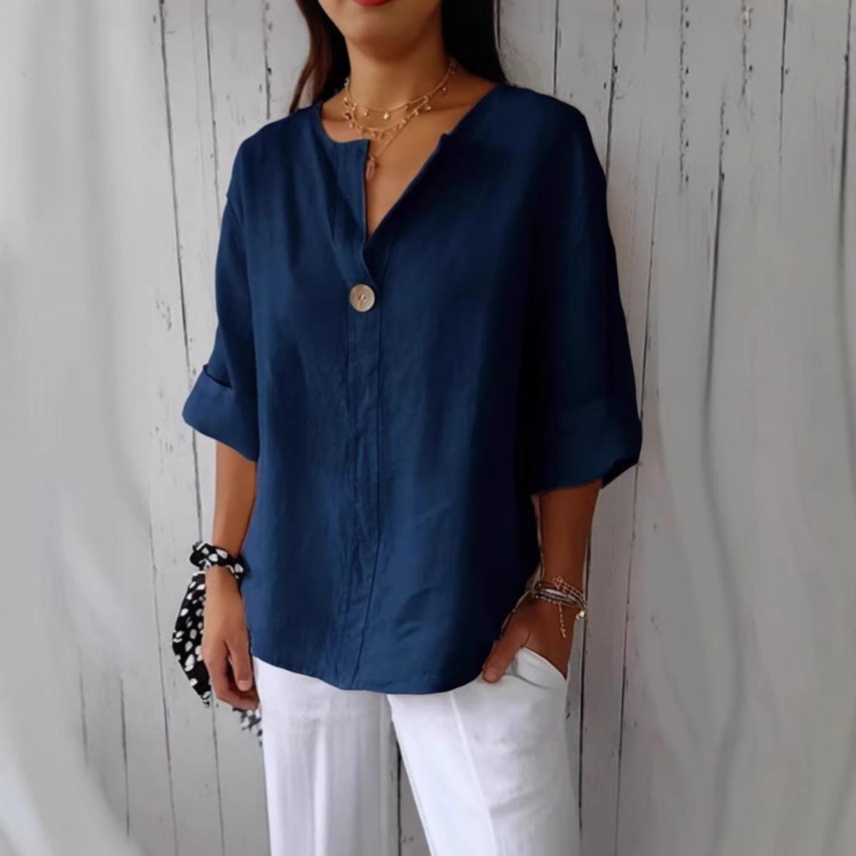 

Летняя новая свободная футболка женская с V-образным вырезом из хлопка и пеньки на пуговицах XXL тёмно-синий