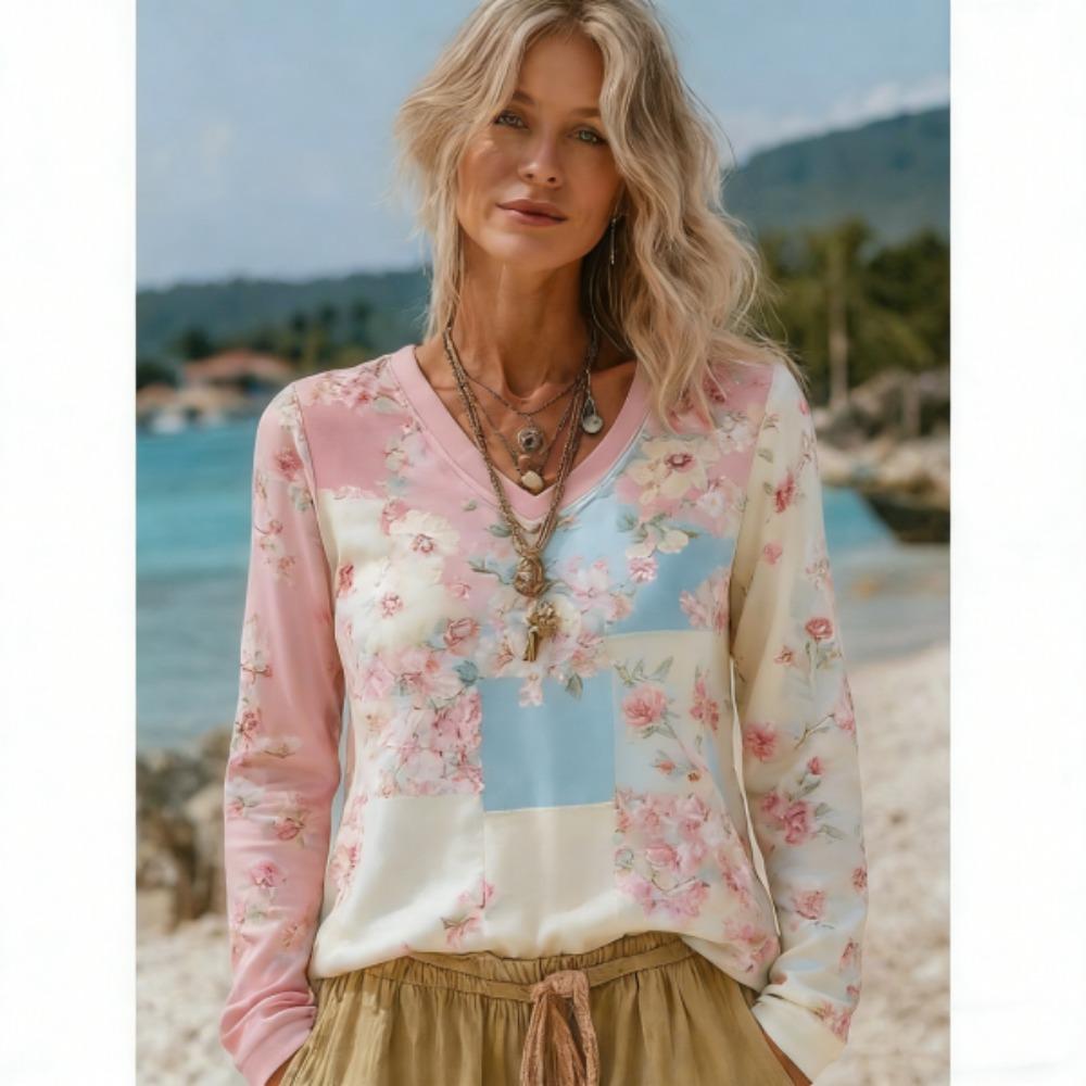 Europe America Style Fashion Splicing Colors V-neck Women's T-shirt Pullover Women Long Sleeve Clothing Outdoor Casual Tees Top