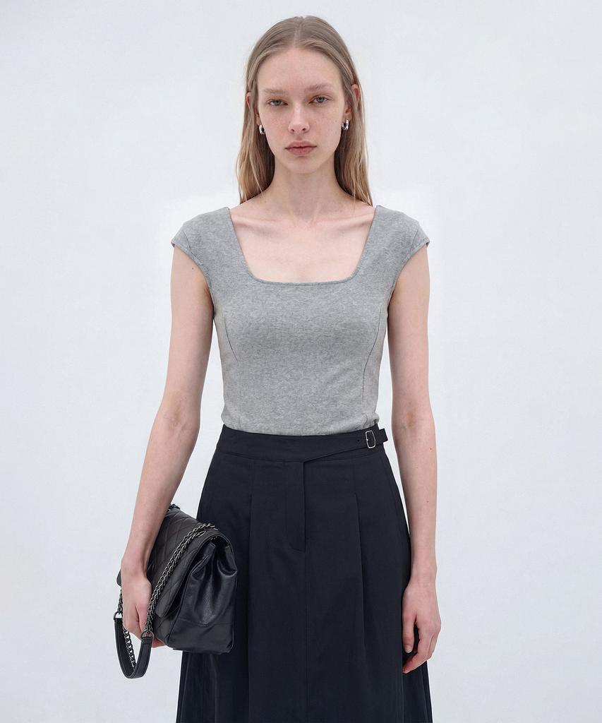 Lugkaeseuteu Marie Square Neck Cap Sleeve Slim T-Shirt / Marie Square Neck Cap Sleeve Slim T-Shirt_4Colors