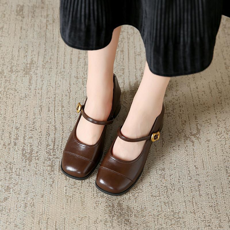Mīksta āda ar Mary Jane kurpēm sieviešu rudens jaunas vienas kurpes retro kafijas bieza papēža mazas ādas kurpes