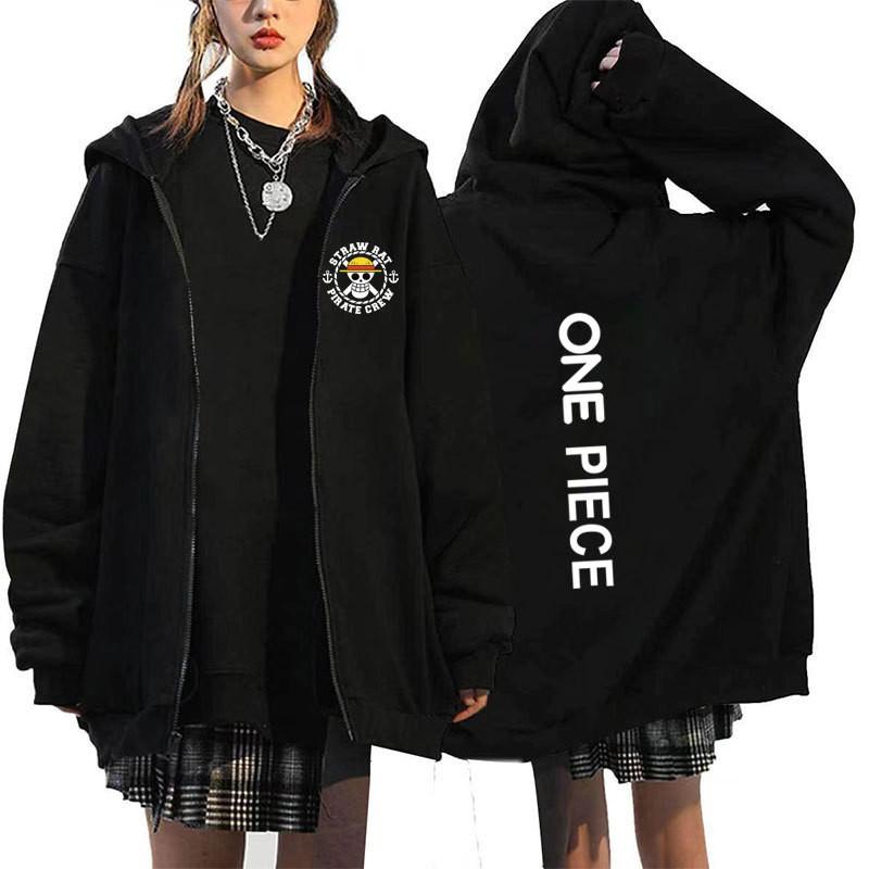 Mens Oversized Hooded Zip-Up Sweatshirt With One Piece Anime Print Plus Size Fleece-Lined Casual Jacket Fall