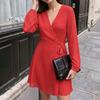 Damen V-Ausschnitt Wickel-Kurzkleid mit langen Puffärmeln und Bindegürtel, Farbe