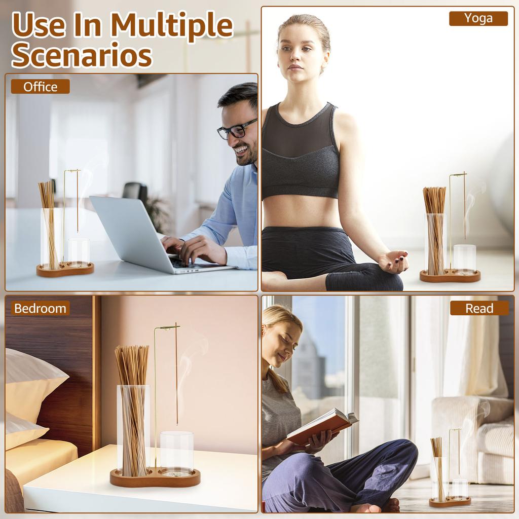 2in1 Wood Incense Holder Anti-Ash Flying Incense Burner with Removable Glass Ash Catcher Incense Sticks Organizer for Home Decor
