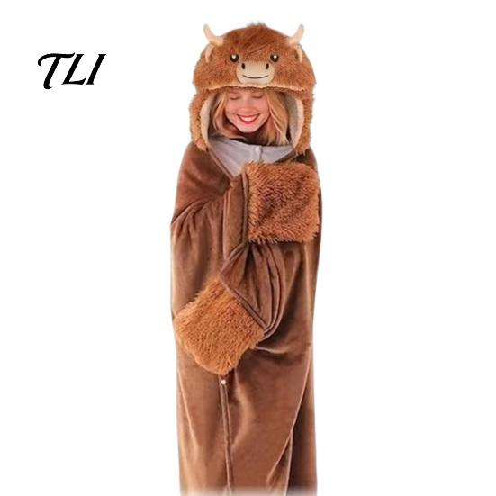 Damen Halloween Kostüm Tier Tragbare Decke Hoodie für Damen, Übergroßer Flanell Pullover Knopfleiste Decke, Cosplay Umhang Nachtwäsche Winter