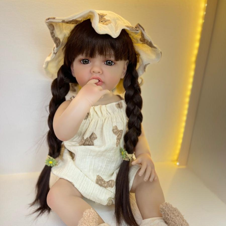 BZDOLL 55 CM 22 Inch Realistic Full Vinyl Body Brown Long Hair Lifelike Reborn Baby Girl Doll Toy Princess Toddler Bebe