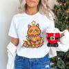 Damen Weihnachts-T-Shirt Festliche Lichter Katze Kawaii Cartoon T-Shirt Damen Süßes Tierliebhaber Geschenk für Weihnachten Klassische T-Shirts