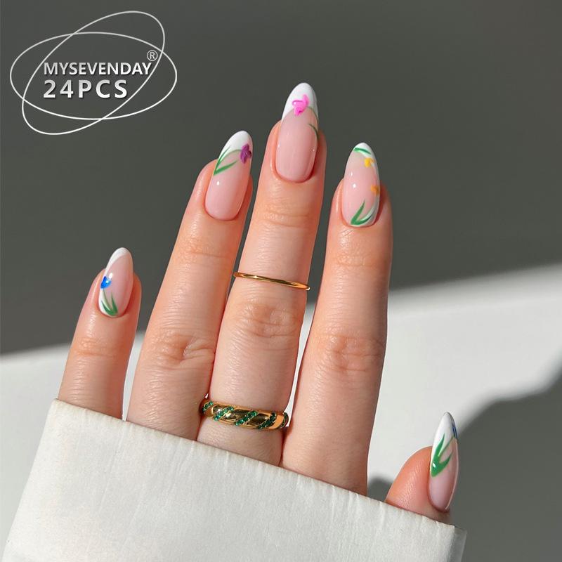 

Floral French Manicure Wearable Nail Tips - 24 Piece Set Glue Type