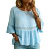 Women's Color Casual Fashion Loose Cotton Linen Lace Splicing Round Neck Shirt Top