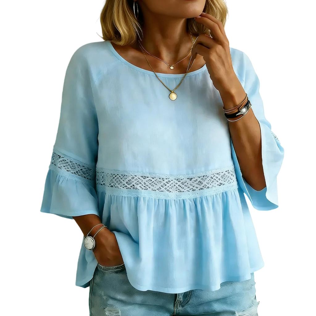 Women's Color Casual Fashion Loose Cotton Linen Lace Splicing Round Neck Shirt Top