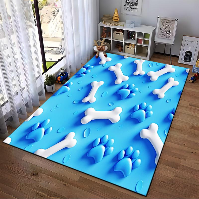 Bones and Paw Prints on Blue Rug Non-slip rug suitable for living room and bedroom sofas.