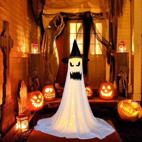 Yousheng Halloween Ghost Decoration Outdoor Standing Ghost with Witch Hat Light Up Spooky White Cloth Ghost for Porch Yard Garden Lawn Decor