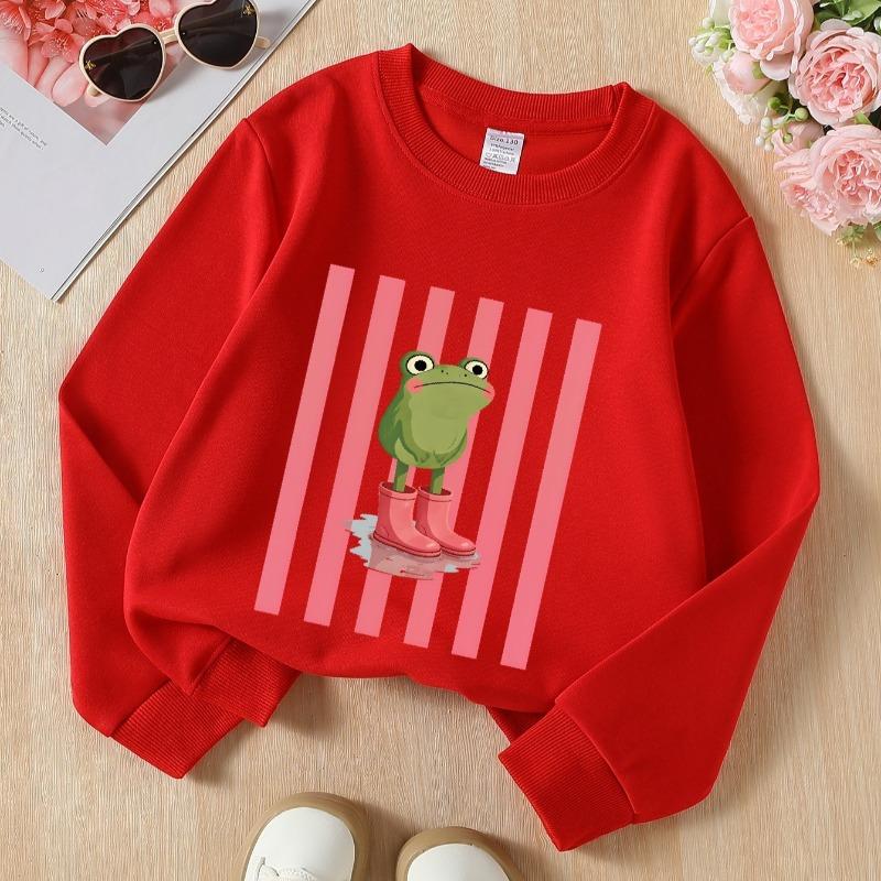 Kids Crewneck Sweatshirt, Frog in Pink Boots & Striped Background Print, Soft Casual Pullover for Fall Winter
