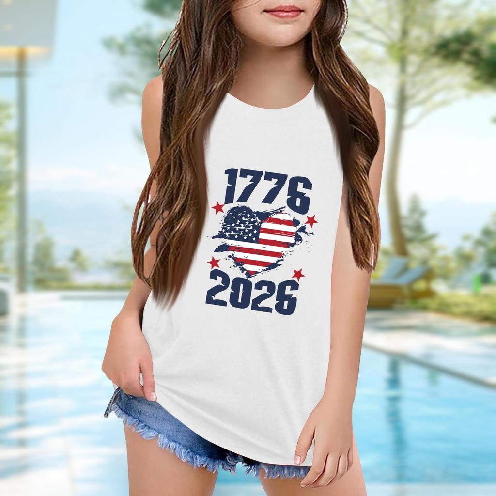 Girls  Kids Summer Crewneck Sleeveless Shirts Tank Tops Independence Day