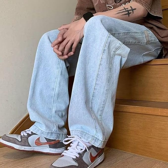 FJLTDCP Wide Leg Denim Loose Distressed Elastic Straight Hip Hop Streetwear Solid Adjustable Men's Pants, Fit, Finish, Waist, Fit, Fashion,