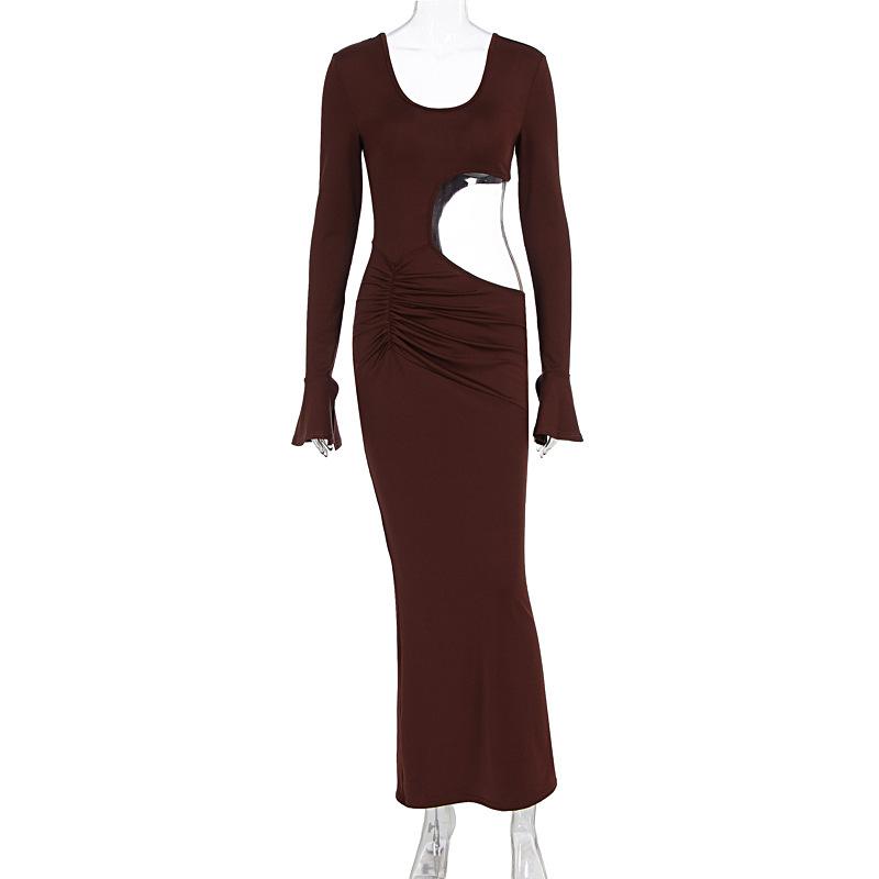 European and American Fashion and Sexy Side Split Hip Long Dress, New Spice Girl Hot-selling U-neck Long-sleeved Temperament Dress