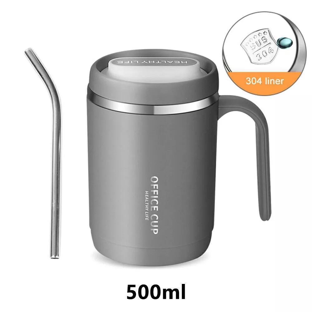 500ML Isolierte Kaffeetasse Reisebecher Thermosflasche aus Edelstahl mit Strohhalm